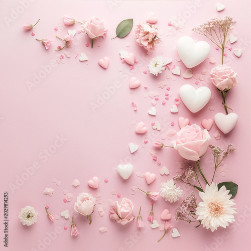 Valentine flat lay with pink roses and heart shapes on pastel background