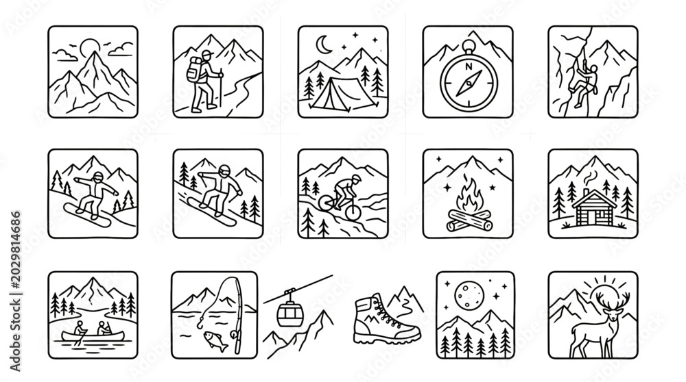 Fototapeta premium Outdoor adventure icons set for travel and nature lovers
