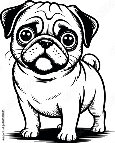 Vector illustration of pug dog symbolizing pet companionship, cuteness, lifestyle, happiness, and stylized animal design