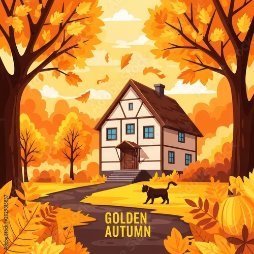 Cozy house in a vibrant golden autumn park