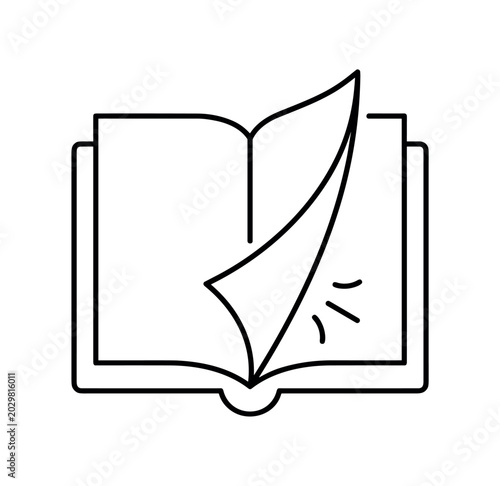 Open book with page turning icon. book, reading, literature, pages, flip, education, storytelling. line vector illustration.