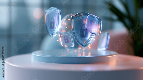 A glowing softly defocused AI cybersecurity hologram with floating shield and lock tiles drifts above a clean bright pastel platform in calm daylight AI cybersecurity faceless