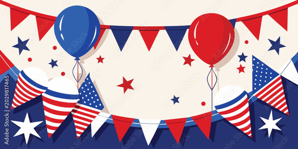 Obraz premium Red blue and white patriotic party bunting with balloons and stars