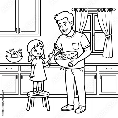Father and daughter cooking together in kitchen line art illustration baking with little girl on stool black and white coloring book preparing food