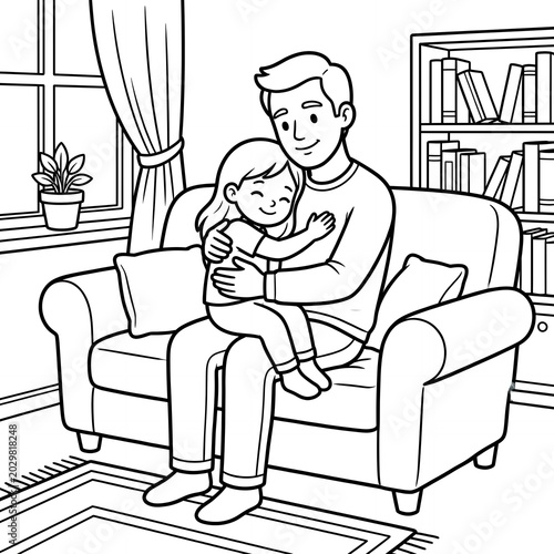 Loving father hugging daughter on sofa in living room line art illustration affectionate family moment black and white coloring book domestic life daughter