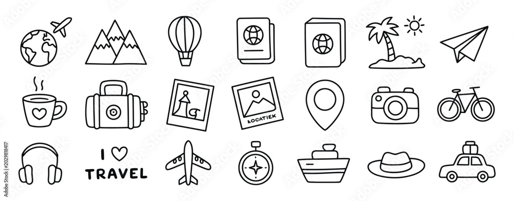 Naklejka premium Travel doodle hand drawn icon set outline drawing tourism line clipart symbols vector illustration collection for travel and vacation design.
