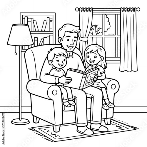 Father reading a book to his children in an armchair with line art black and white fathers day dad day family time children armchair childhood daughter