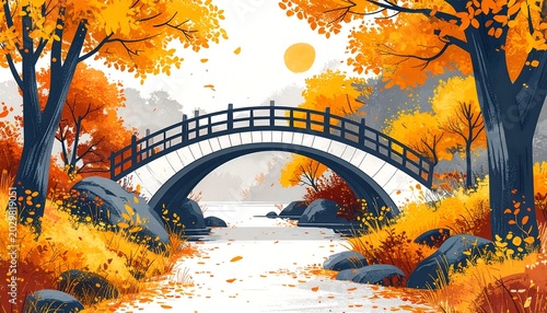 Autumnal scene bridge over creek, golden leaves, bright sun, serene landscape