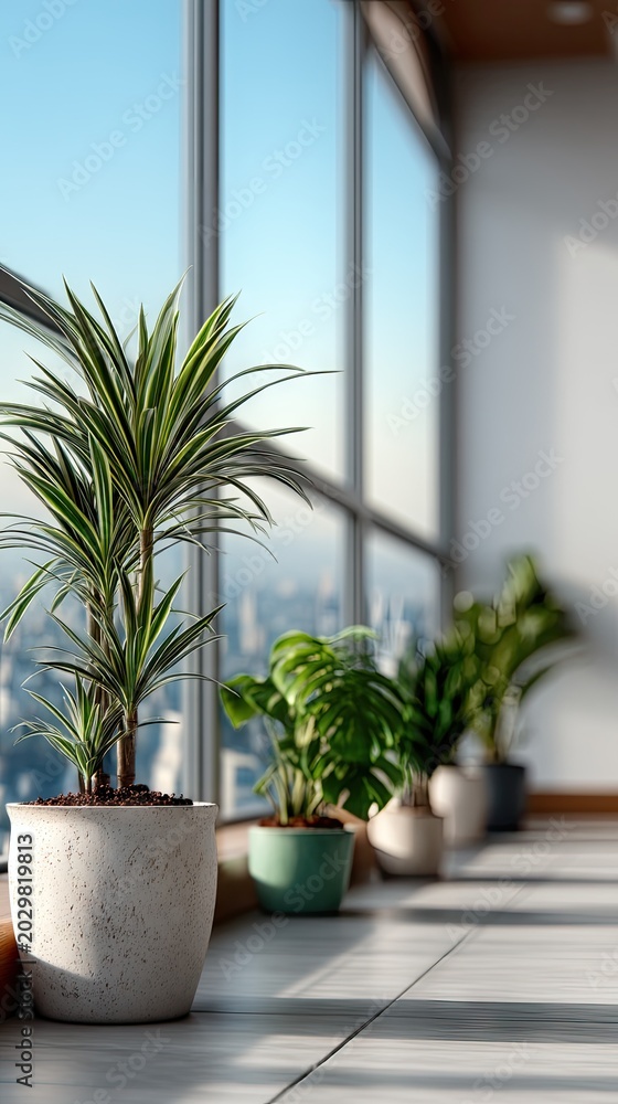 Fototapeta premium Brightly lit room with large window and plant bar graph design showcasing plant growth in a modern space with natural light