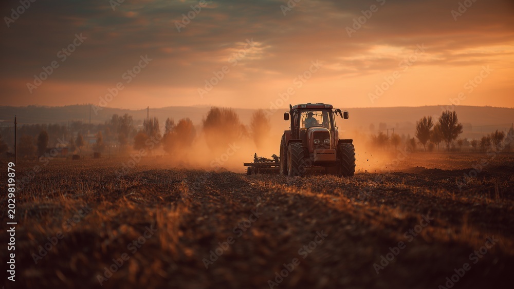 Fototapeta premium Farmer Driving Tractor Preparing Agricultural Land for Sowing in Modern Farming Landscape Scene
