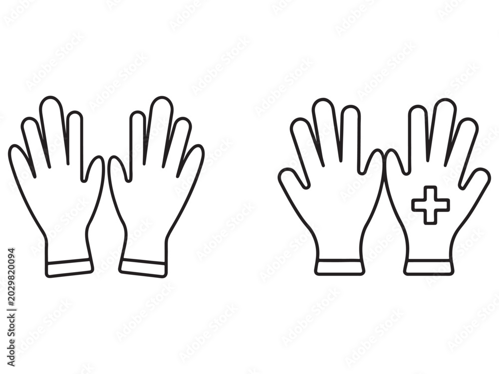 Obraz premium Line drawing of two pairs of medical gloves one with cross on palm