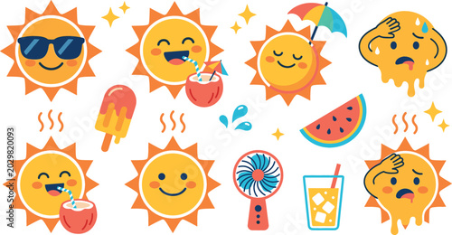 Bild auf Leinwand Cute cartoon summer sun characters set with sunglasses drinking coconut water me