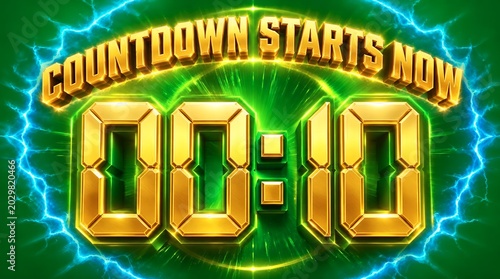 Golden 10 Second Digital Countdown Timer with Electric Blue Sparks and Glowing Green Background, Countdown Starts Now Text, 3D Illustration