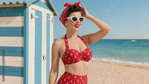 A woman in a retro-inspired red bikini poses on a sunny beach beside a striped beach hut with the ocean in the background.