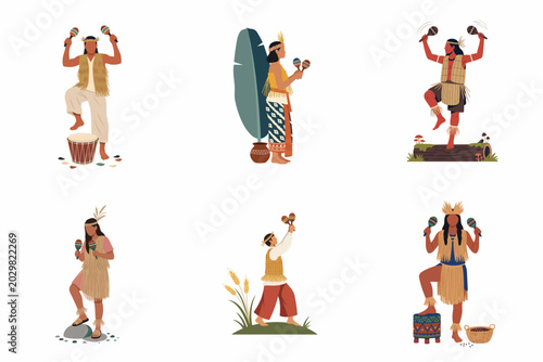 Billede på lærred Set of flat illustrations depicting indigenous people dancing and playing traditional musical instruments like maracas and drums