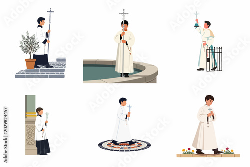 Tableau sur toile Set of flat vector illustrations of Catholic altar servers in traditional vestments holding crosses and rosaries in various religious settings