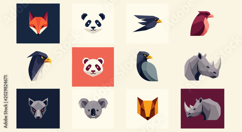 Photography Geometric Animal Icons Set: Fox, Panda, Eagle, Rhino, Koala, Crow
