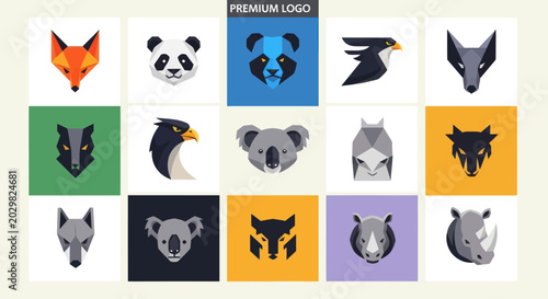 Photography Geometric Animal Icons Set: Fox, Panda, Eagle, Wolf, Koala, Rhino