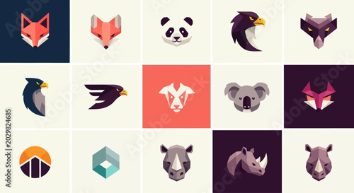 Photography Geometric Animal Icons Set: Fox, Panda, Eagle, Wolf, Koala, Rhino, Raven