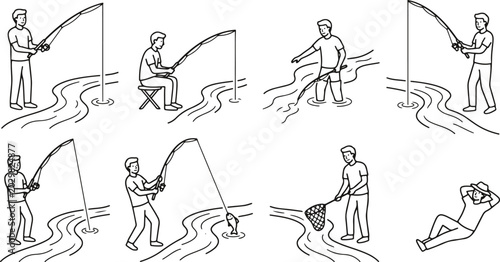Bild auf Leinwand Fishing, vector illustrations, fishing scenes, line art, fishing actions, people