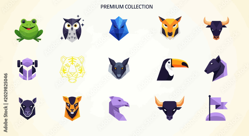 Fototapeta premium Geometric Animal Icons Set: Frog, Owl, Wolf, Tiger, Bull, Toucan, Horse