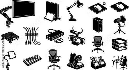 Home Office Technology and Desk Accessories Icon Set Featuring Computer, Laptop Stand, Desk Lamp, Keyboard, Webcam, Microphone, USB Hub, Tablet Stand, and Workspace Tools