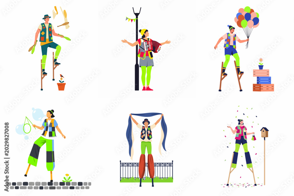 Fototapeta premium Set of colorful street performers and circus artists including stilt walkers, jugglers, and musicians in flat vector illustration style isolated on white.