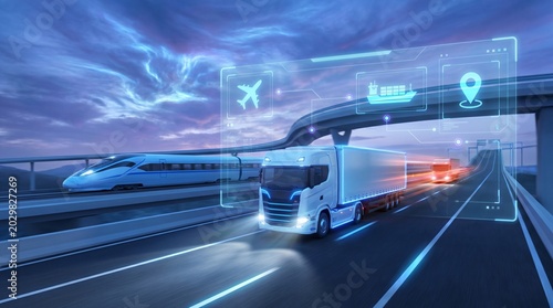 Smart logistics concept with truck train airplane icons, supply chain