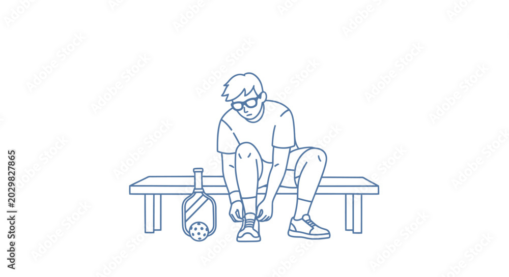 Fototapeta premium A man sits on a bench in a park with a dumbbell