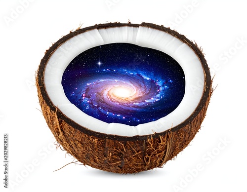 Coconut shell containing a vibrant galaxy, symbolizing the universe within.