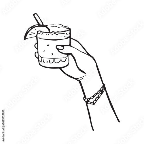 Female hand with bracelet holding cocktail glass with foam and citrus sketch illustration. Hand drawn drink concept, bold outline, black on white. Bar, party and summer lifestyle design.