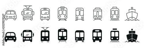 Obraz na płótnie Vehicle types line and silhouette icon set public transport pictogram collection railway air transportation car bus train metro ship and plane symbols isolated vector illustration