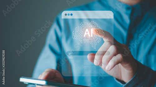 Schilderij op canvas The concept of AI agents and artificial intelligence envisions humans using their hands to interact with virtual AI interfaces for analysis, communication, and advanced business technology systems