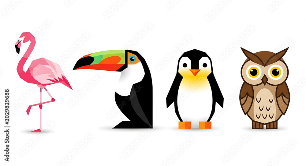 Fototapeta premium Set of stylized geometric bird icons including flamingo, toucan, penguin, and owl vector illustration of colorful flat design birds