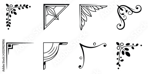 Vintage corner ornament vector set with black isolated decorative borders baroque flourishes retro line frames and leafy filigree elements