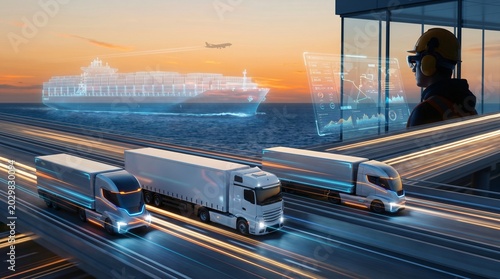 Autonomous truck fleet navigating smart highway system at sunset