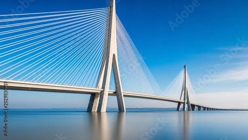 Modern cable-stayed bridge spanning calm blue water under a clear sky, creating crisp architectural lines and a tranquil, airy mood at sunrise.
