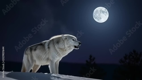Majestic Gray Wolf Howling at Full Moon in Snowy Winter Night