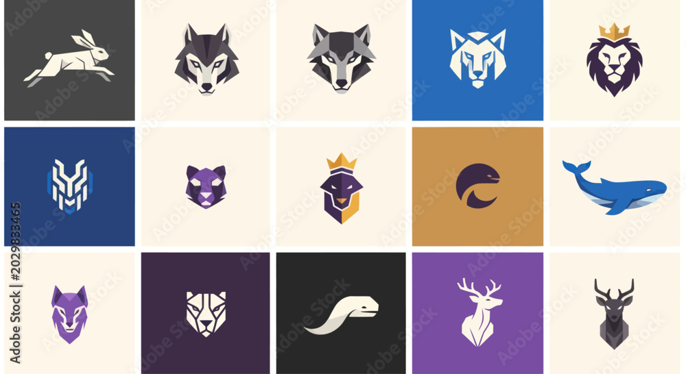 Fototapeta premium Modern Animal Logo Collection: Geometric Icons for Branding and Design