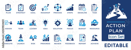 Tableau sur toile Action plan and project management solid icon set