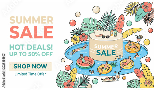 Summer sale banner with cream podium miniature pool party people and inflatable fruit floats vector illustration
