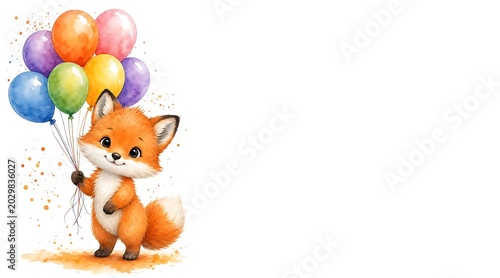 Cute cartoon fox holding colorful balloons on white background