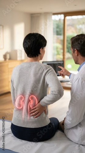 Renal system affliction: kidney problem, patient listen, doctor advise, health consult, organ discomfort, disease symptom, human anatomy, medical discussion.