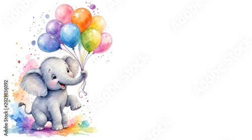 Cute elephant holding colorful balloons on white background