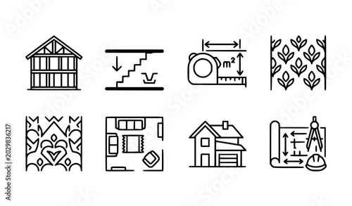 Real Estate and Home Construction Line Icons Set with House Layout, Interior Rooms and Building Structure Elements Vector