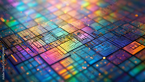 Closeup of a silicon wafer with integrated circuits and microchips