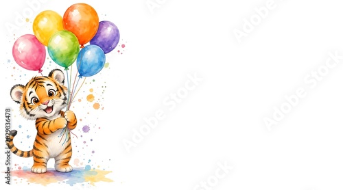 Cute tiger cub holding colorful balloons on white background with splashes