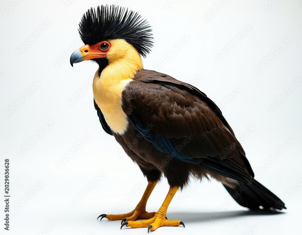 Fototapeta premium Yellow crested bird stands on white background. This animal has dark brown wings yellow chest and orange eyes. It is a carnivore avian predator.