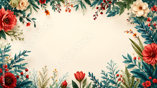 Vibrant watercolor floral frame with delicate blossoms and lush foliage, perfect for elegant design projects