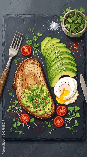 Gourmet Avocado Toast Breakfast Illustration (Modern Food Design Flat-Lay)